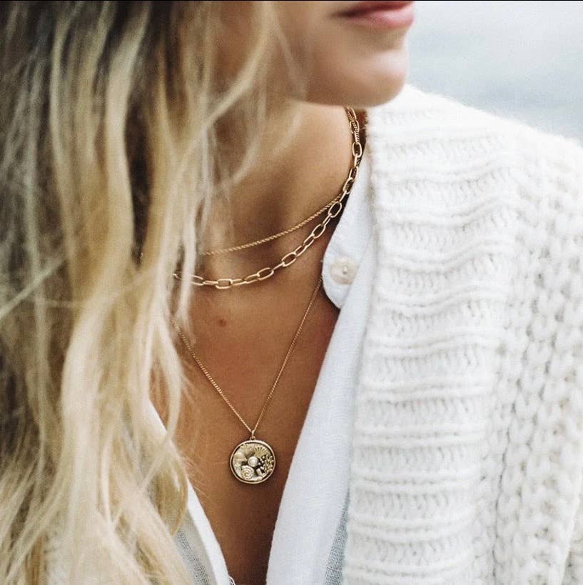 Coin- Necklace 14K Gold Steel: Sea Symbols