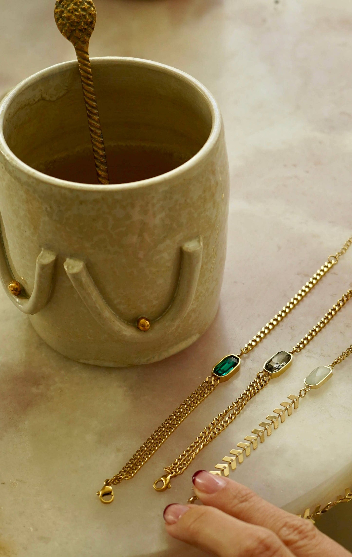 Double Chain Steel Bracelet, Enameled Stone - 30% OFF