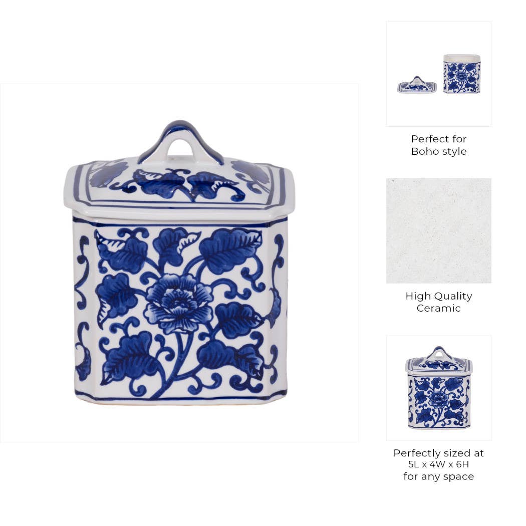 Blue Ceramic Rectangular Chinoiserie Candle with Lid, 13 oz