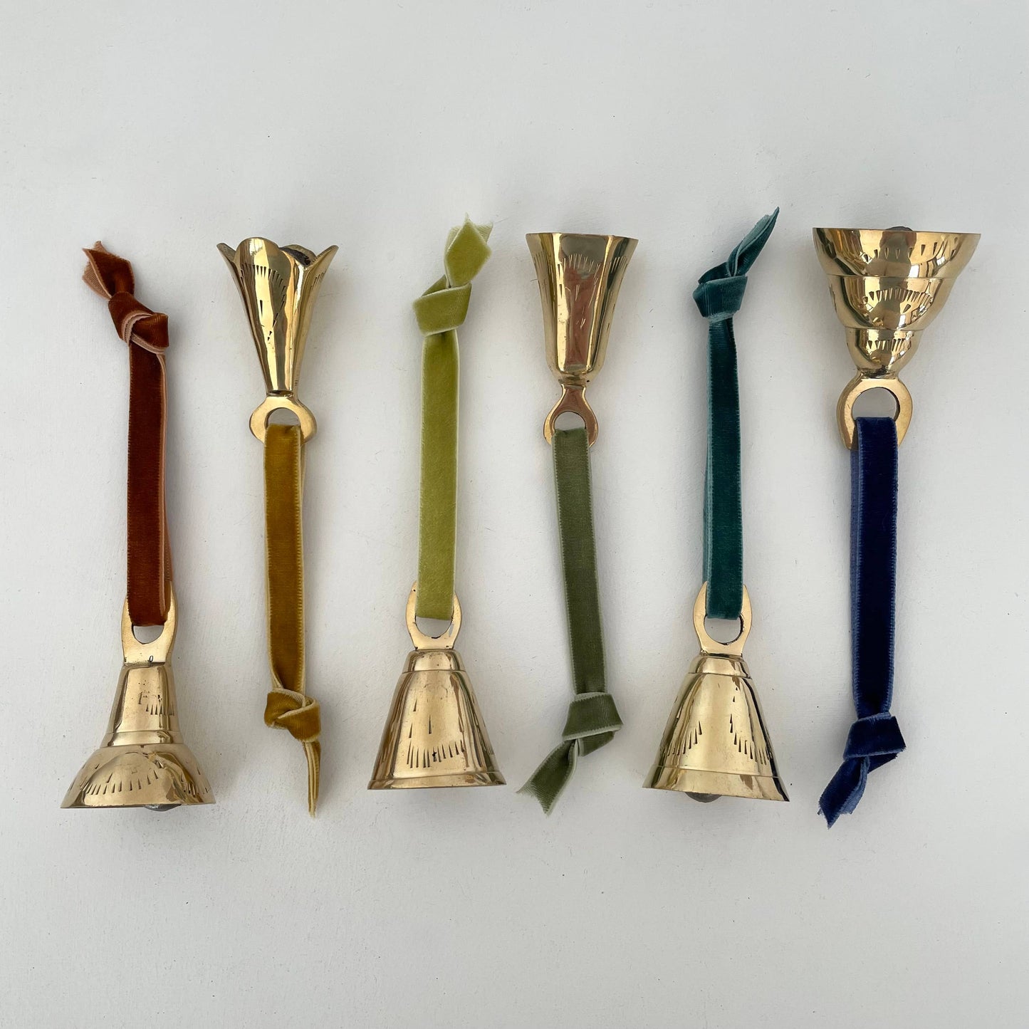 2 1/2" brass flared bell ornament on velvet ribbon: Evergreen