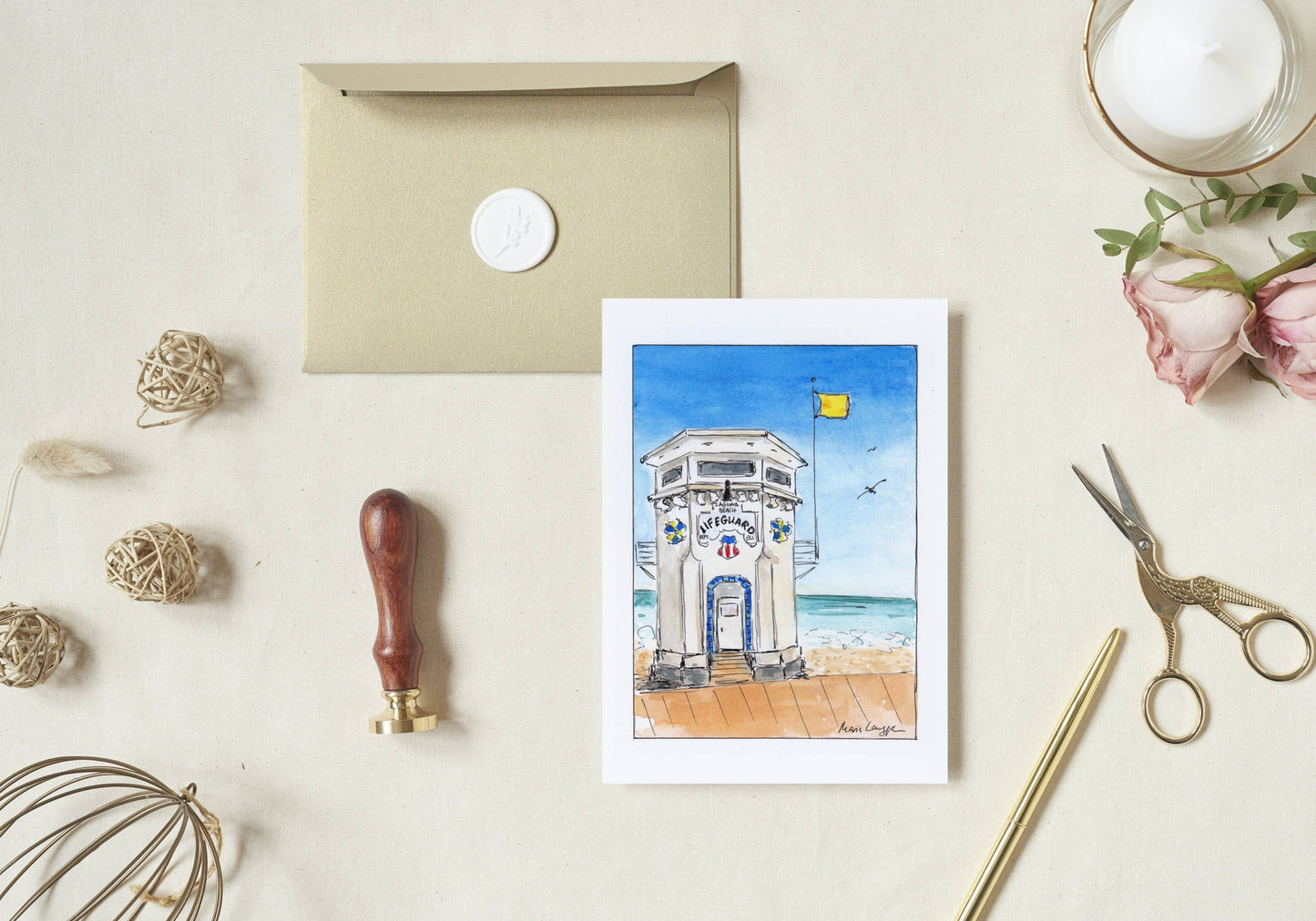 Laguna Lifeguard Tower Folded Greeting Card w Envelope (5x7)