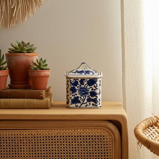 Blue Ceramic Rectangular Chinoiserie Candle with Lid, 13 oz