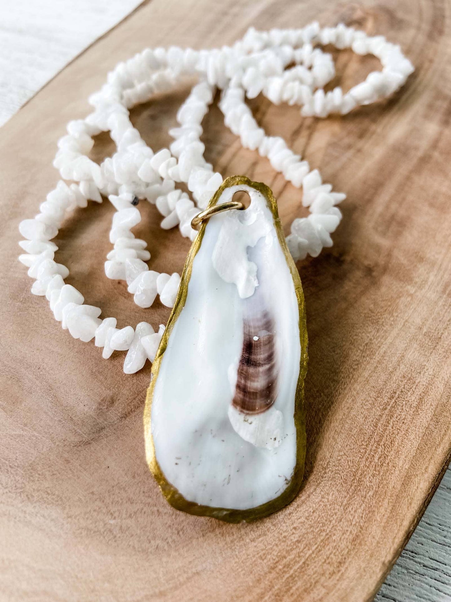 White Moonstone Beaded Necklace with Oyster Shell Pendant - 20% OFF