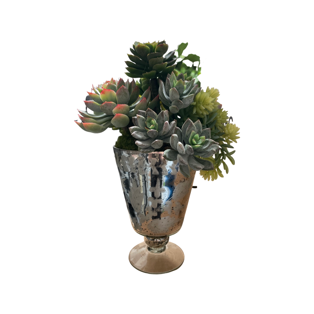 mercury glass plant pot Faux Mixed Succulent Arrangement in Mercury Glass Pot – Luxe Studio Design