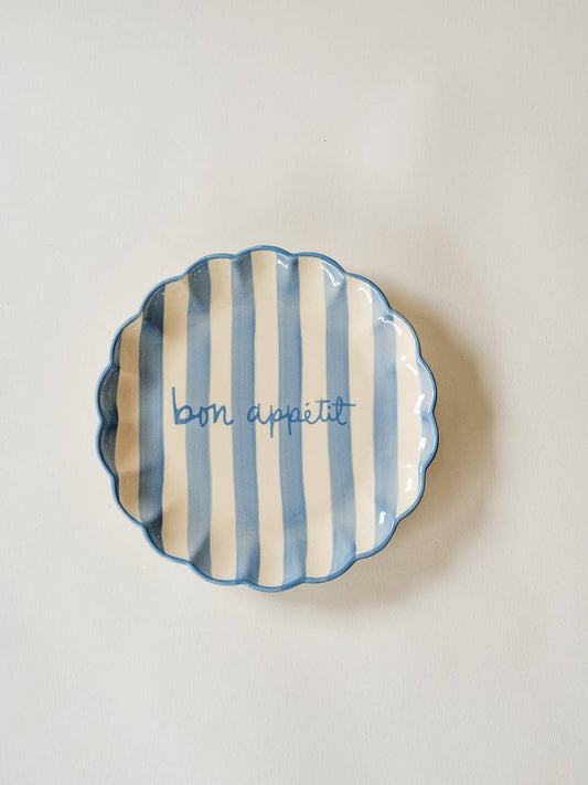 Kinsey Scallop Dessert Plate (Blue): "bon appétit"