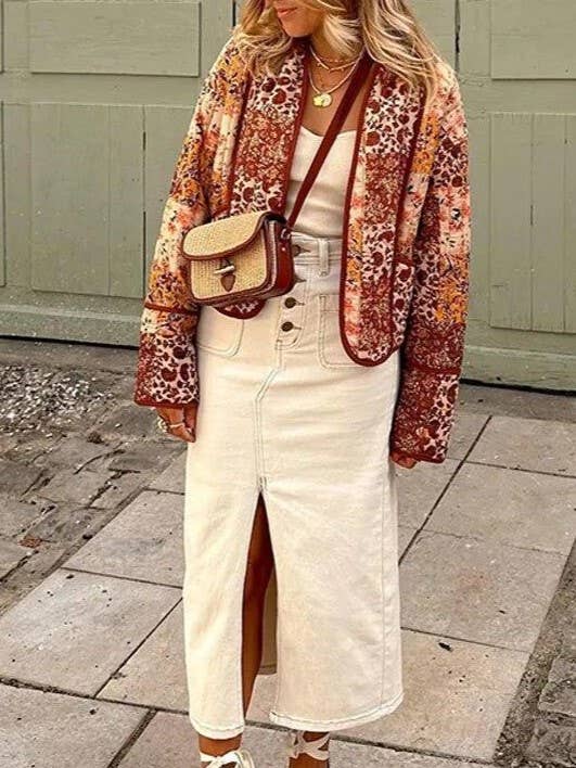 Maple Sugar Floral Patchwork Cropped Quilted Jacket: Maple / M