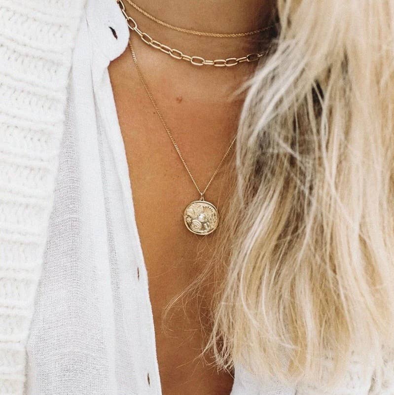 Coin- Necklace 14K Gold Steel: Sea Symbols 