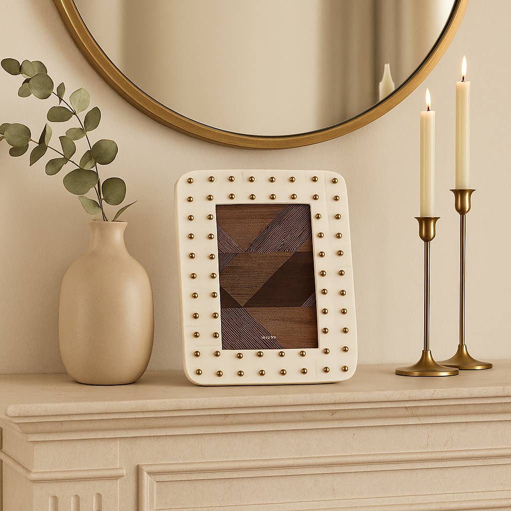 Photo Frame - Resin Brass Dot Border - Ivory/Gold, 4x6 in.