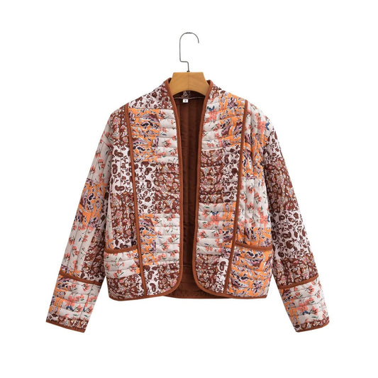Maple Sugar Floral Patchwork Cropped Quilted Jacket: Maple / M