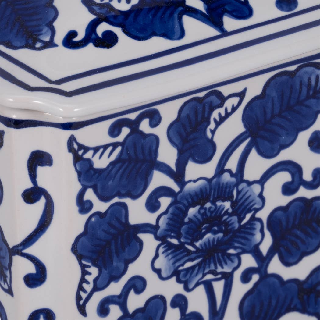Blue Ceramic Rectangular Chinoiserie Candle with Lid, 13 oz