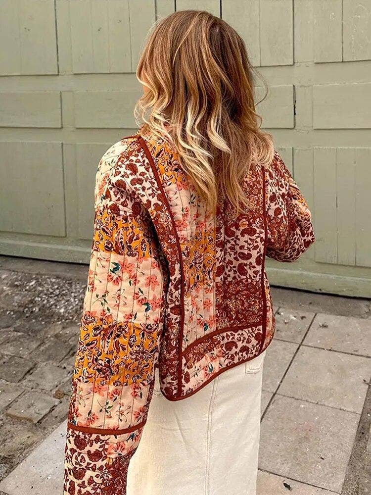 Maple Sugar Floral Patchwork Cropped Quilted Jacket: Maple / M