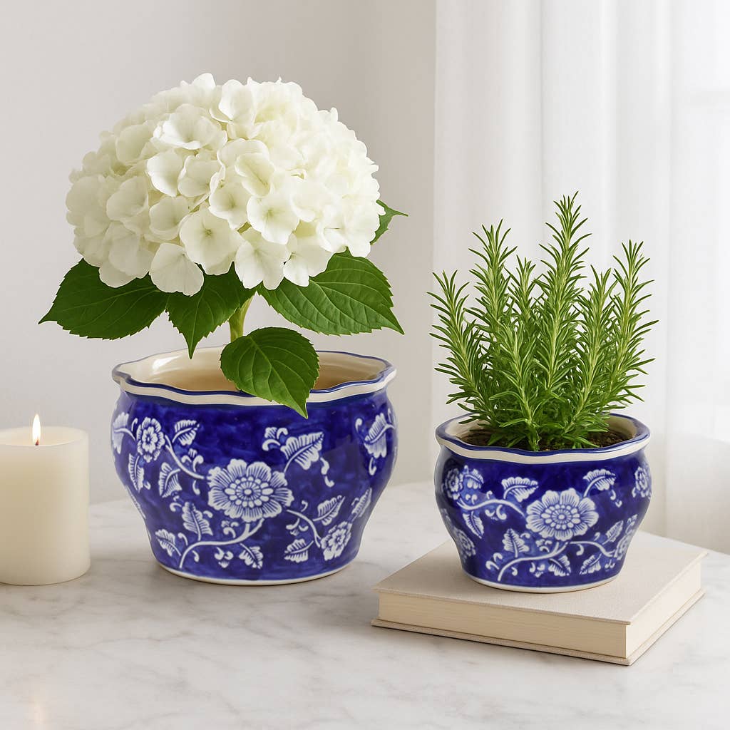 Ceramic Chinoiserie Floral Planters Set of 2 - Blue, 6/8 in.