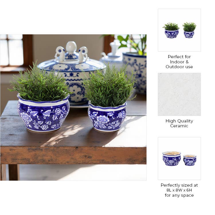 Ceramic Chinoiserie Floral Planters Set of 2 - Blue, 6/8 in.