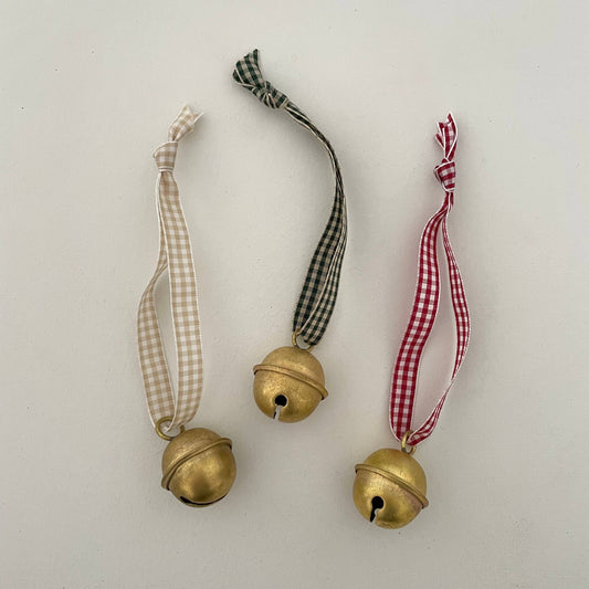 1 1/4" brass sleigh bell ornament on gingham ribbon: Forest Green/Tan