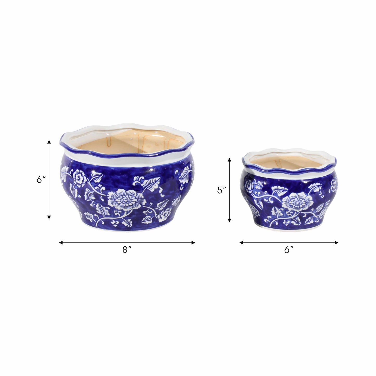 Ceramic Chinoiserie Floral Planters Set of 2 - Blue, 6/8 in.