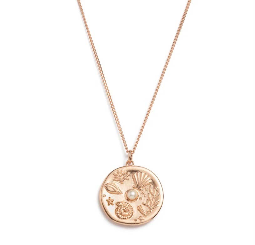 Coin- Necklace 14K Gold Steel: Sea Symbols 