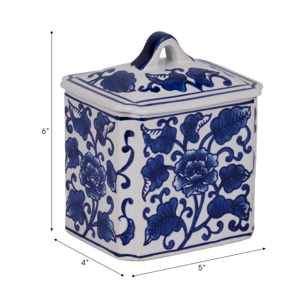 Blue Ceramic Rectangular Chinoiserie Candle with Lid, 13 oz