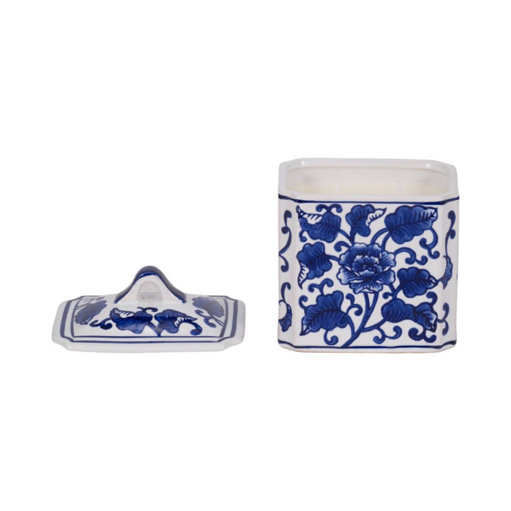 Blue Ceramic Rectangular Chinoiserie Candle with Lid, 13 oz
